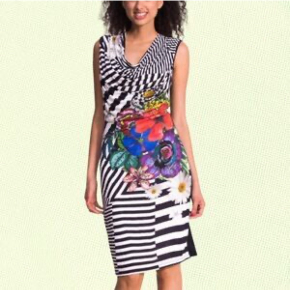Desigual Women's Sara Draped Fitted Stripped Floral Printed Bodycon Dress Small